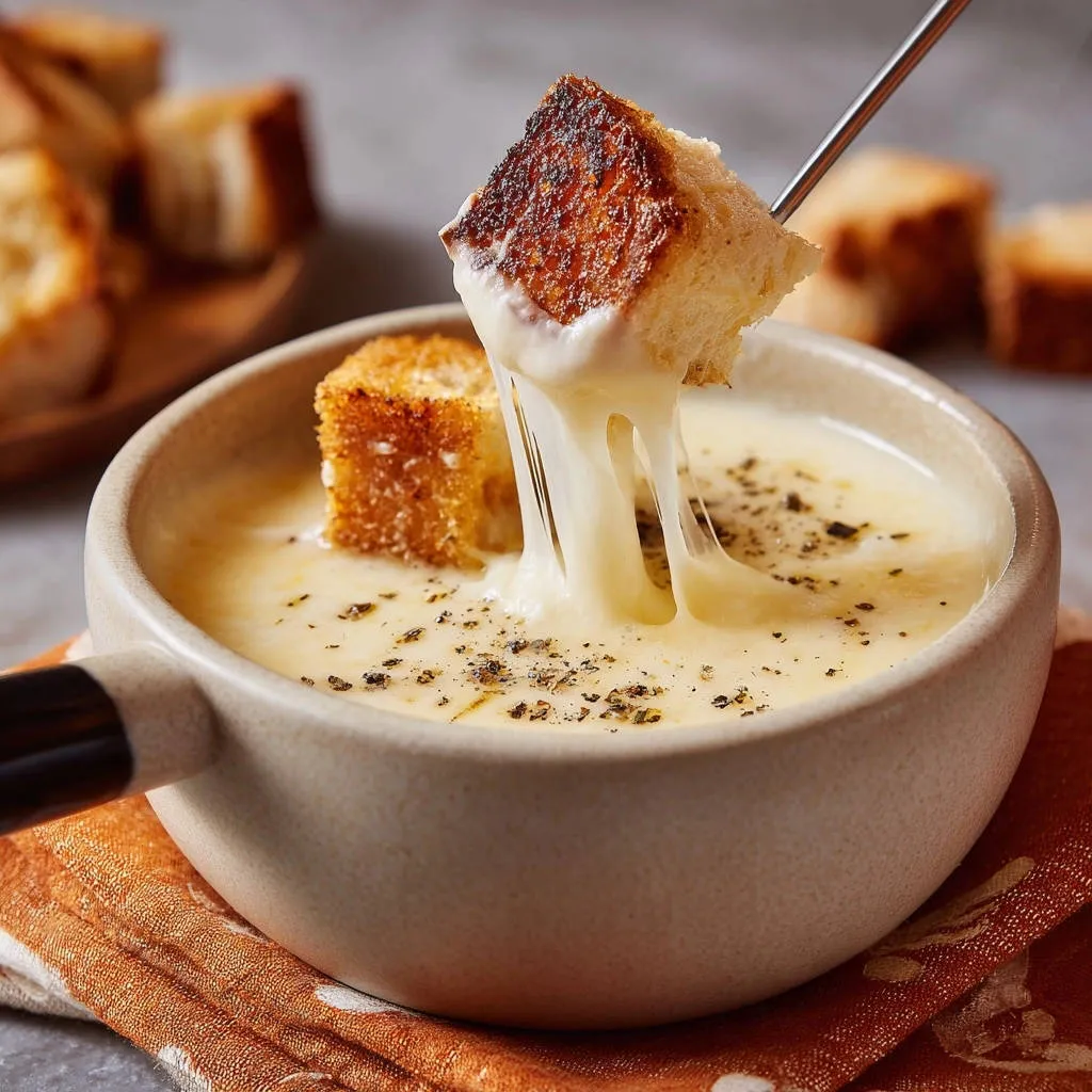 Silky smooth cheese dip with a piece of toasted bread being dipped, showing stringy cheese.