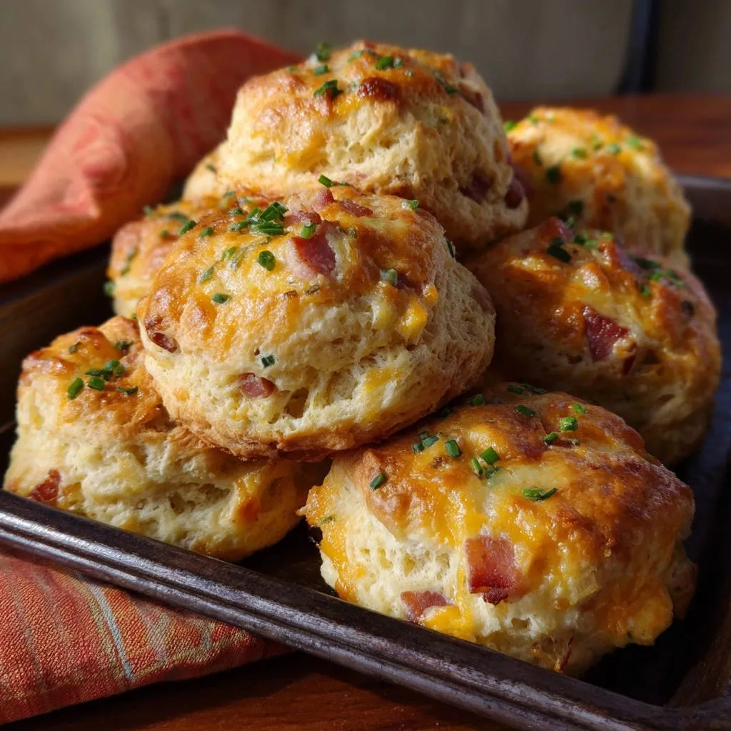 Cheesy bacon biscuits, stacked high and golden brown, with a close-up view of their fluffy texture and visible bacon and cheese.