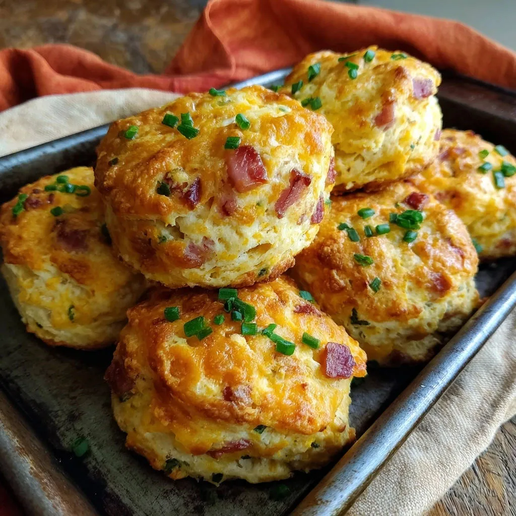 Cheesy bacon biscuits stacked on a dark baking tray, topped with fresh chives.