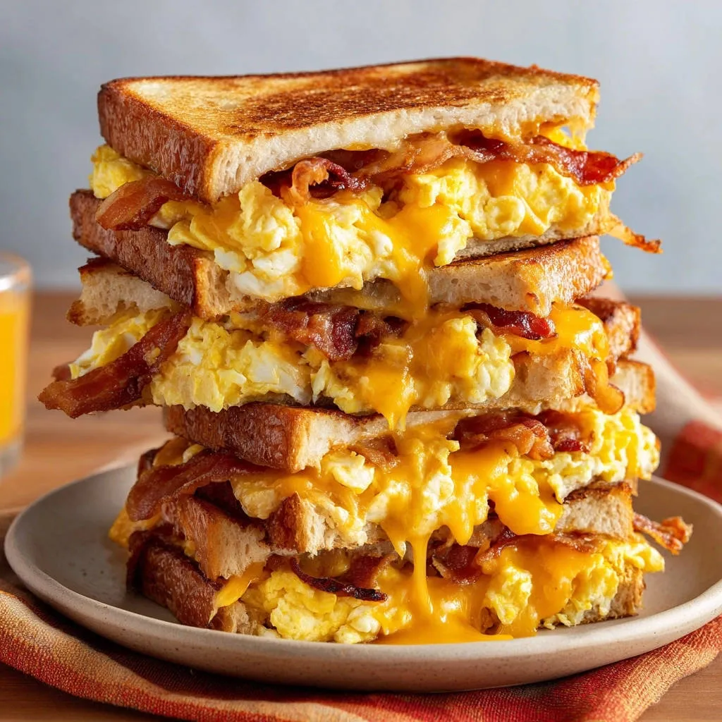 Cheesy bacon & egg grilled sandwich shown in a stacked cross-section revealing its gooey interior layers.