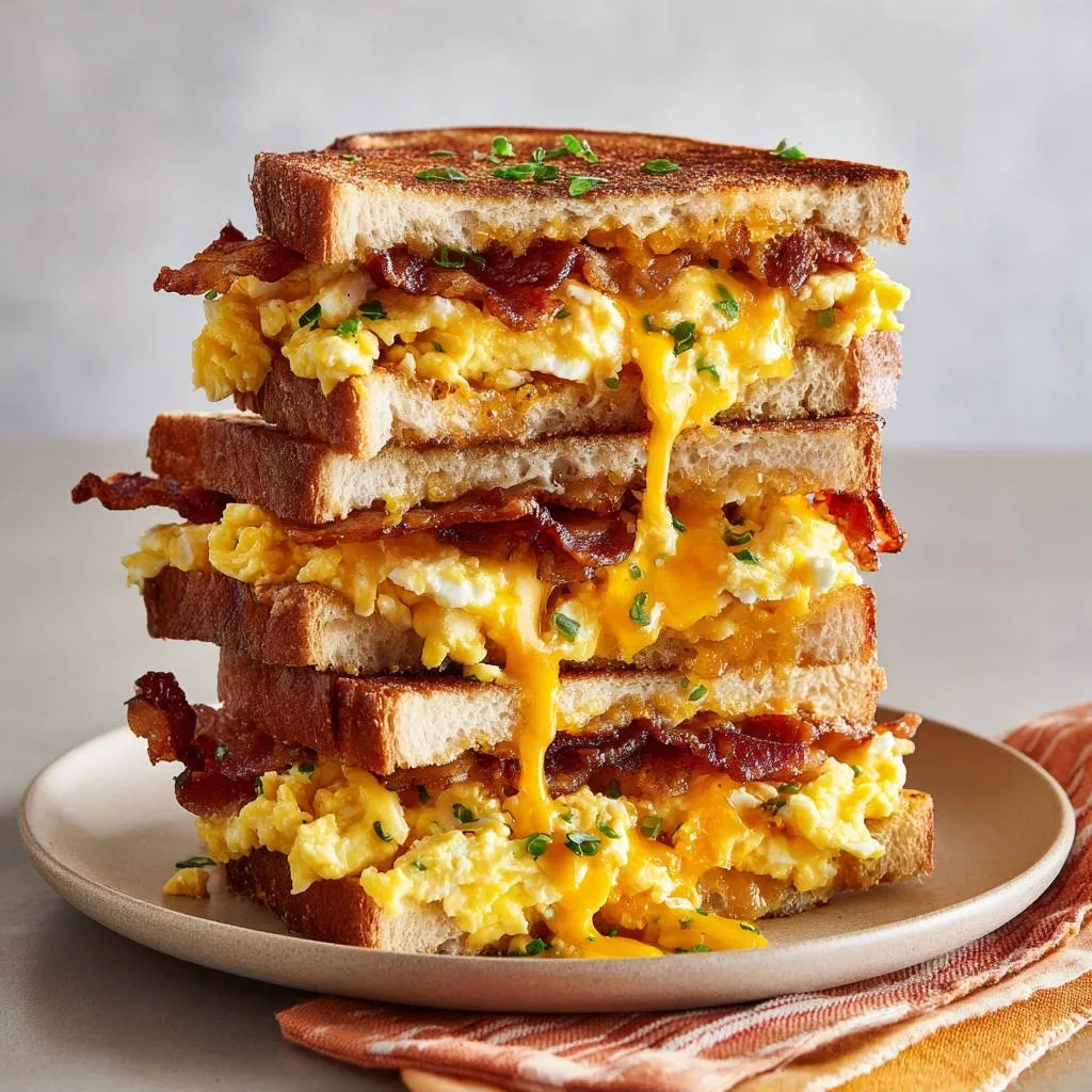 Cheesy bacon egg sandwich stack with fluffy eggs and dripping cheese, garnished with chives.