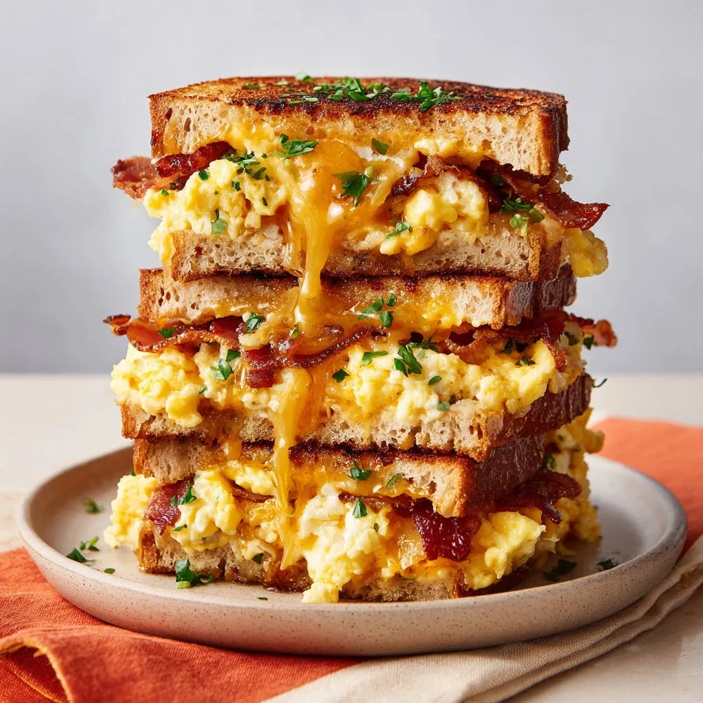 Cheesy bacon egg sandwich stack featuring a tall tower of fluffy scrambled eggs, bacon, and toast, drizzled with sauce.
