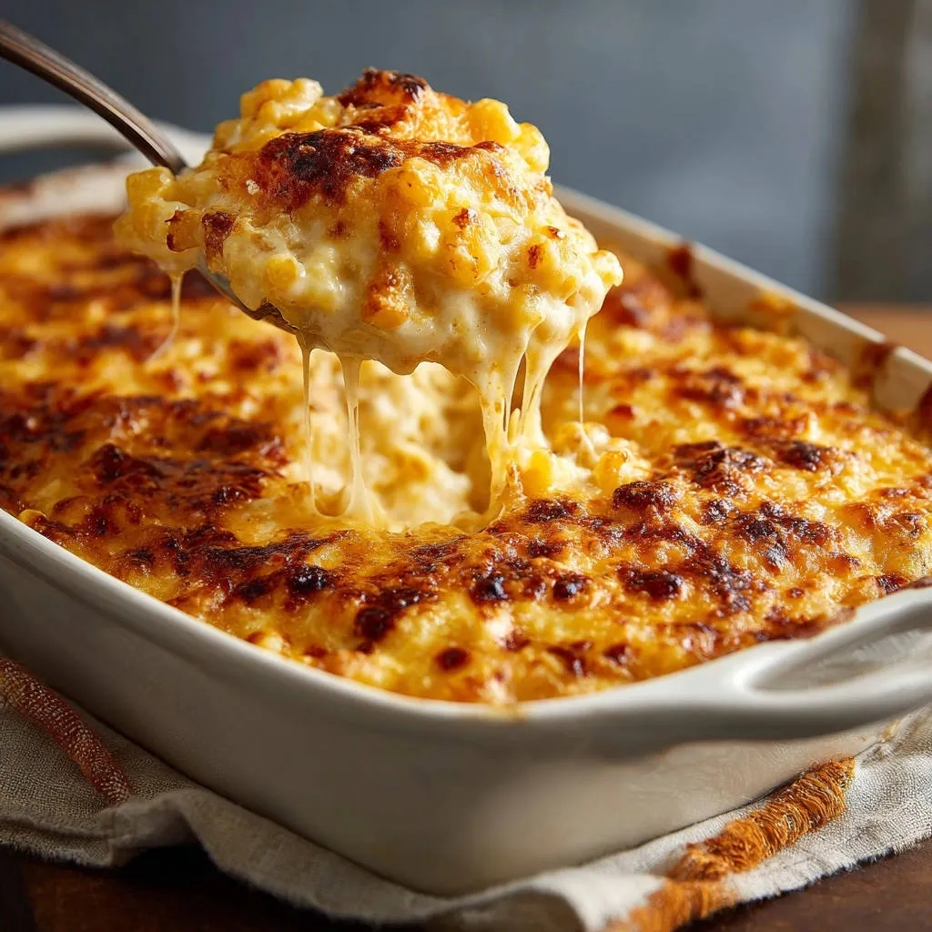 Cheesy baked mac and cheese with a gooey cheese pull being lifted by a spoon from a white baking dish.