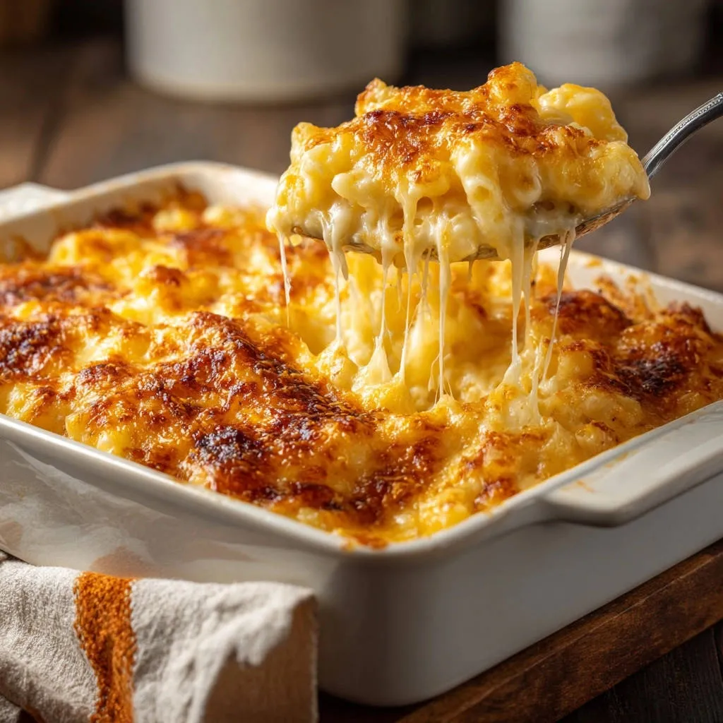 Cheesy baked mac and cheese being lifted with a spoon, showing a decadent cheese pull from the creamy pasta dish.