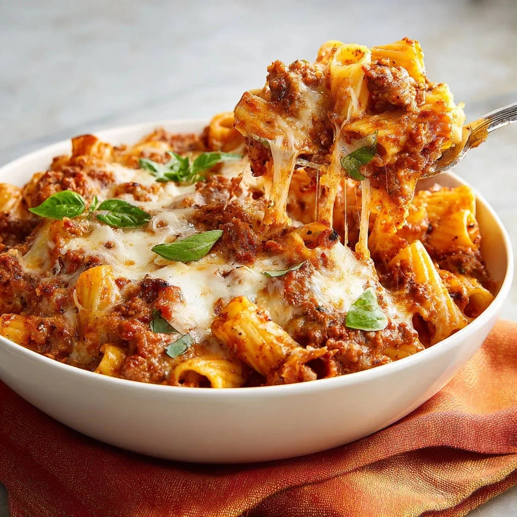 Cheesy baked rigatoni with a generous cheese pull, garnished with fresh basil leaves.