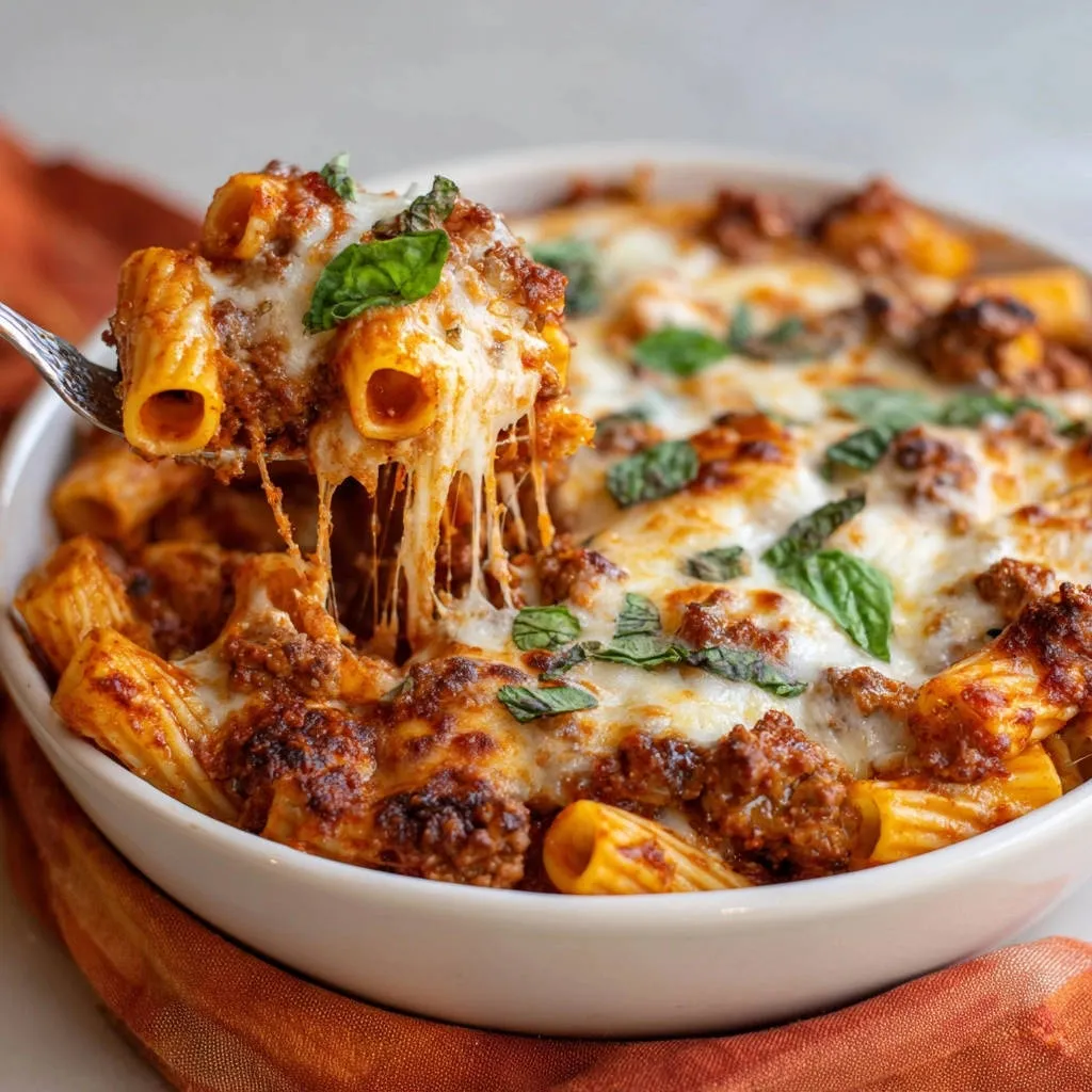 Cheesy baked rigatoni with a fork lifting a portion showing melted cheese strings and fresh basil topping.