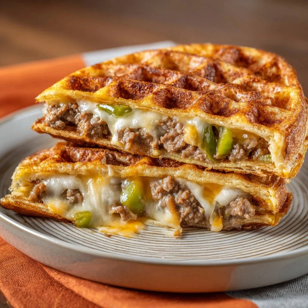 Cheesy beef waffle sandwiches cross-section showing melted cheese, seasoned ground beef, and green peppers inside golden waffles.