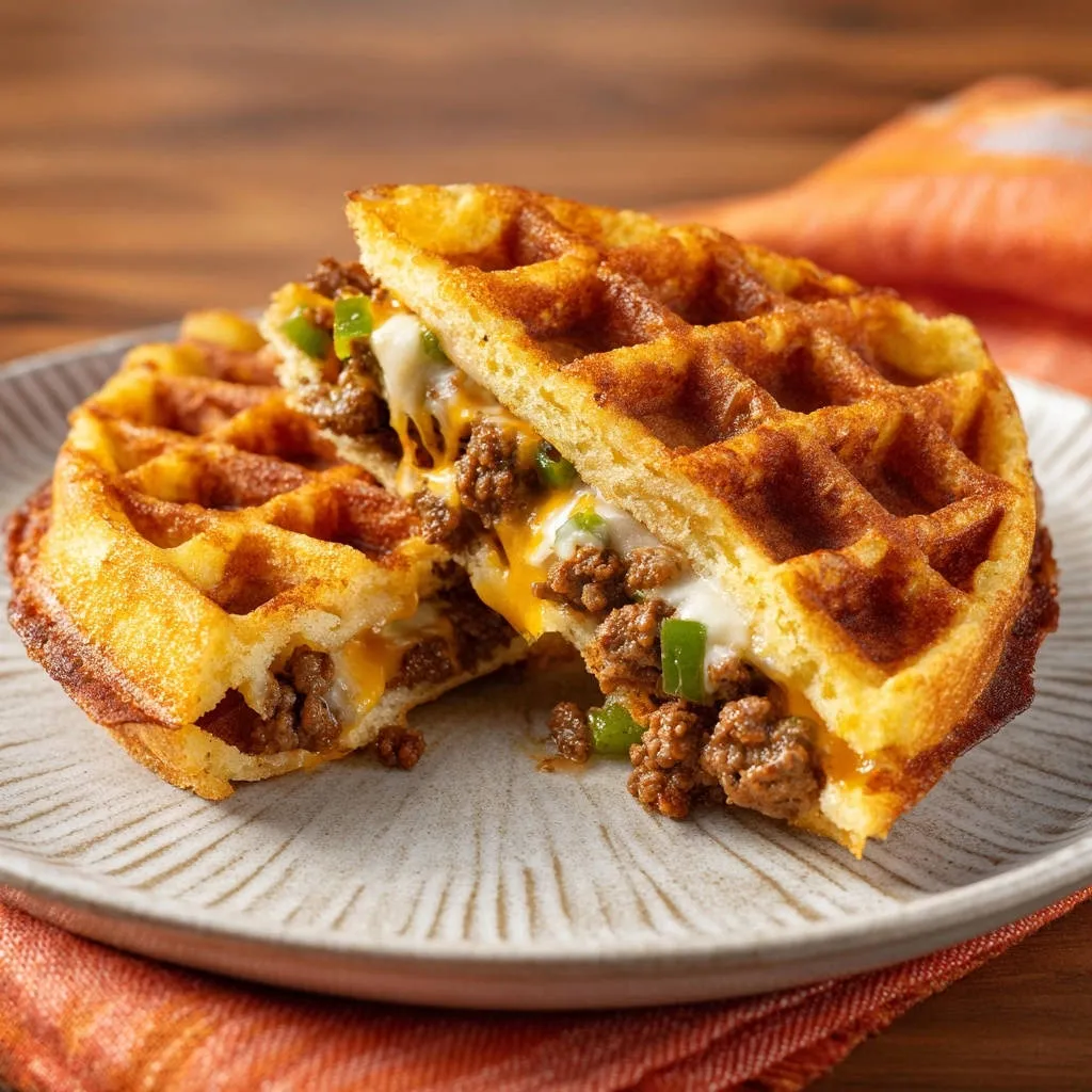 Cheesy beef waffle sandwiches shown in a close-up cross-section, revealing the savory ground beef and melted cheese filling.