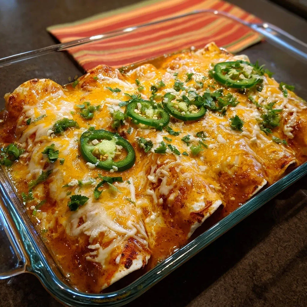 Cheesy chicken enchiladas topped with sliced jalapenos and fresh cilantro in a glass baking dish.