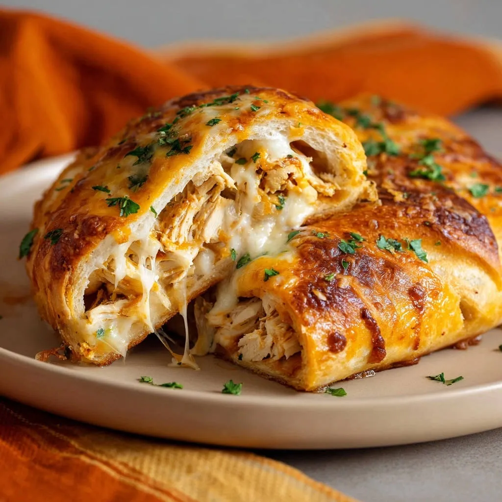 Cheesy chicken stromboli shown sliced open, revealing a gooey, cheesy chicken filling and golden-brown pastry.