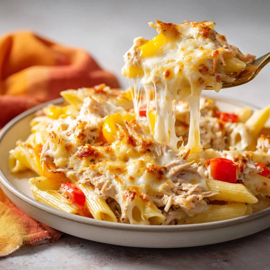 Cheesy chicken & veggie pasta bake with a satisfying cheese pull shown on a golden fork.