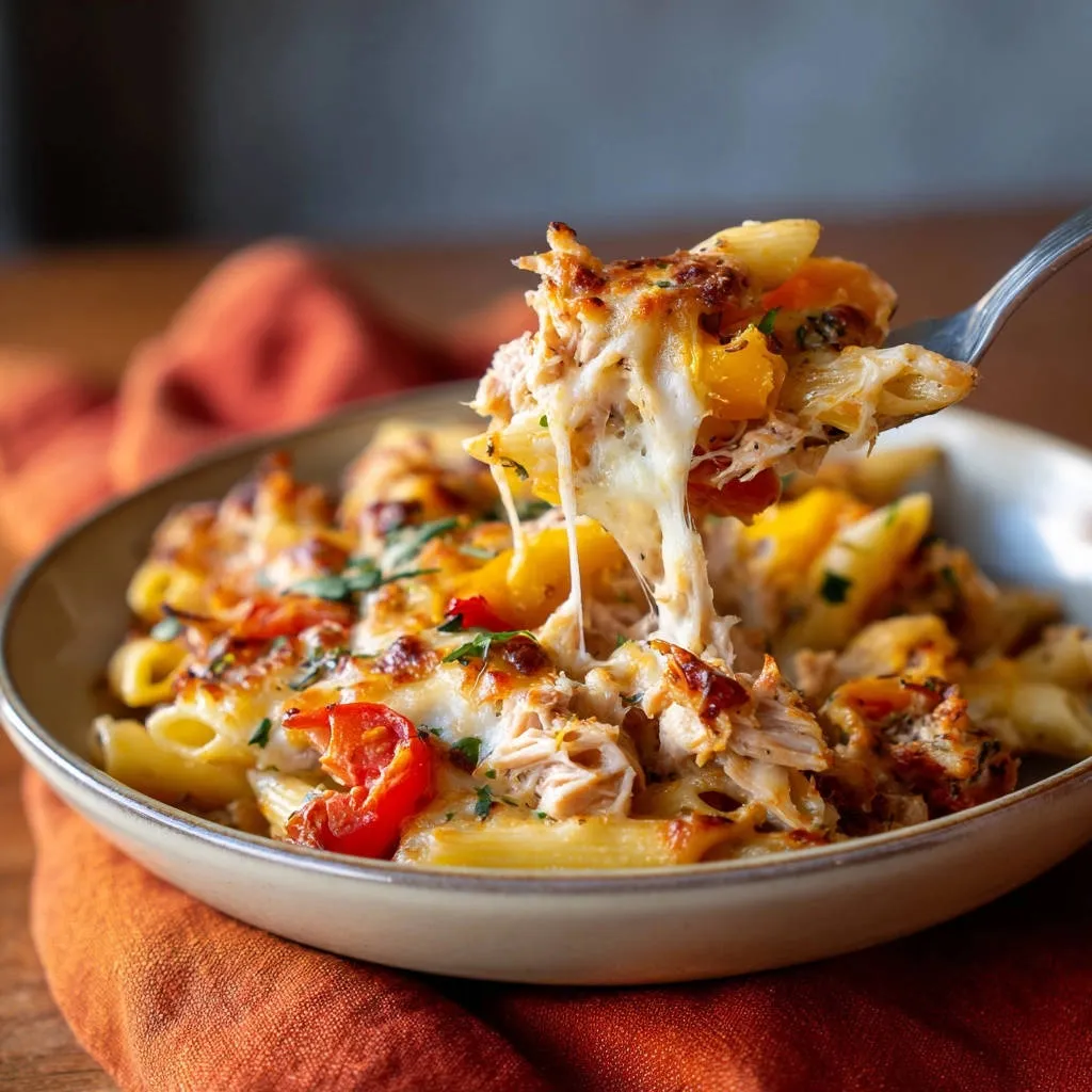 Cheesy chicken & veggie pasta bake with a fork lifting a cheesy portion, showing a stretchy cheese pull.