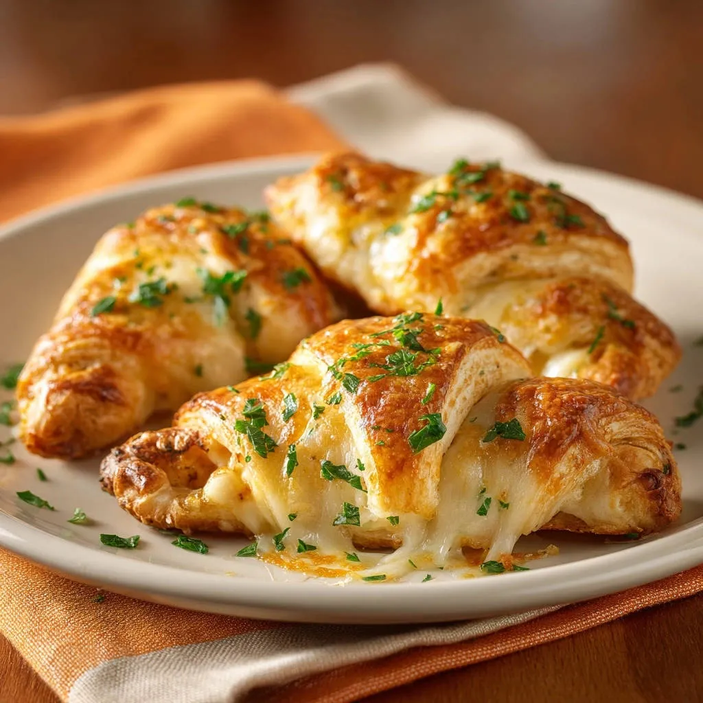 Golden cheesy crescent rolls revealing a gooey, melted cheese interior with fresh parsley garnish.