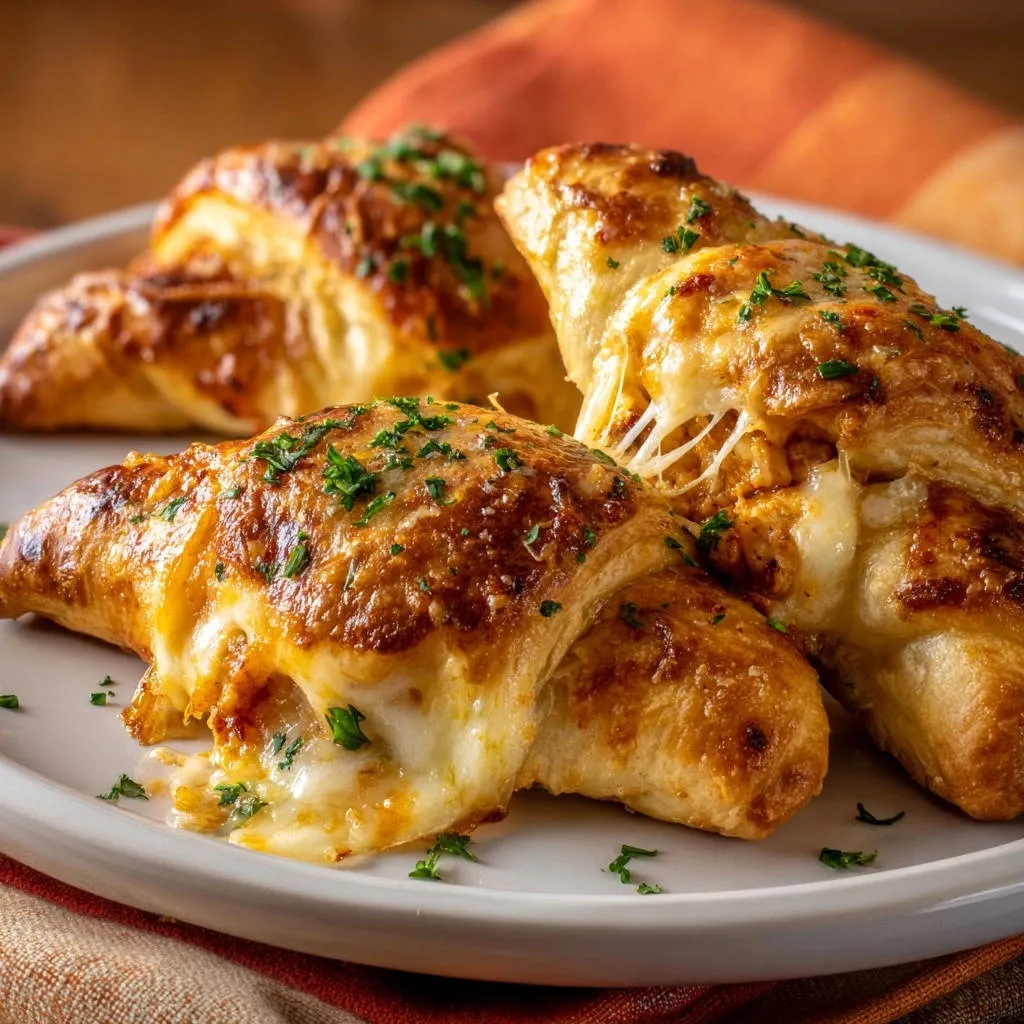 Golden cheesy crescent rolls with gooey melted cheese spilling out, garnished with fresh parsley.