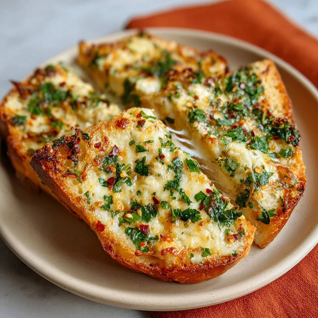 Cheesy garlic bread close-up showing melted cheese and fresh parsley topping on toasted bread slices.