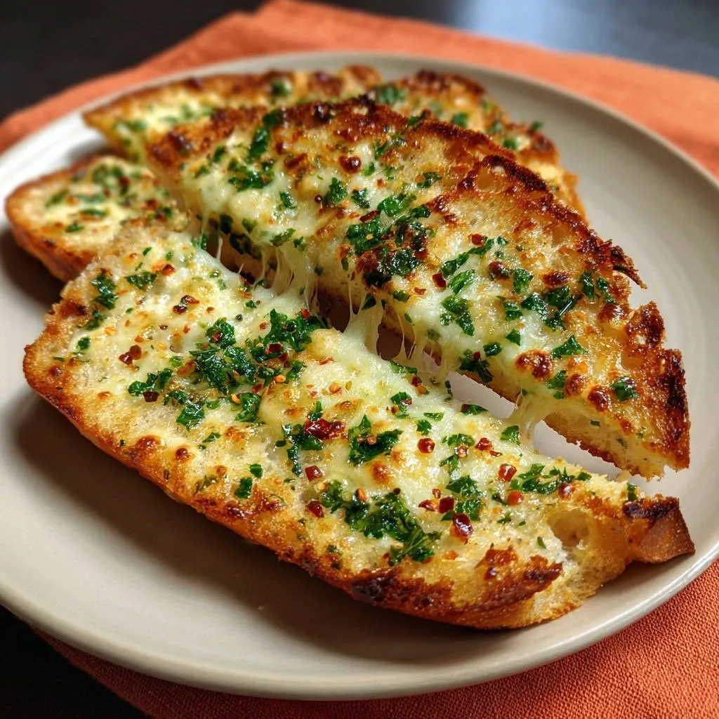 Cheesy garlic bread with a delicious melted cheese pull, sprinkled with fresh parsley and red pepper flakes.