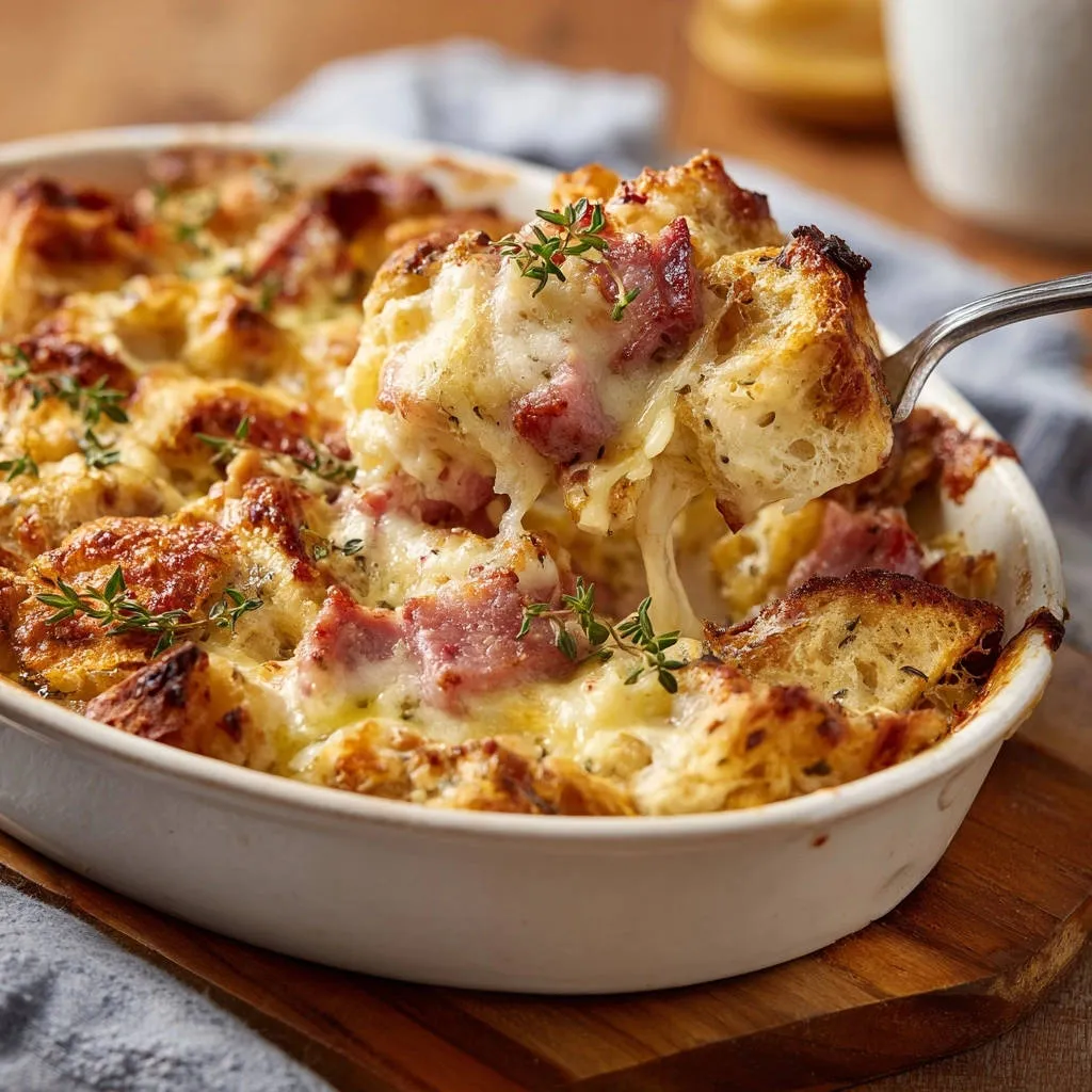 Cheesy ham & bread bake with a fork lifting out a gooey, cheesy serving from the casserole dish.