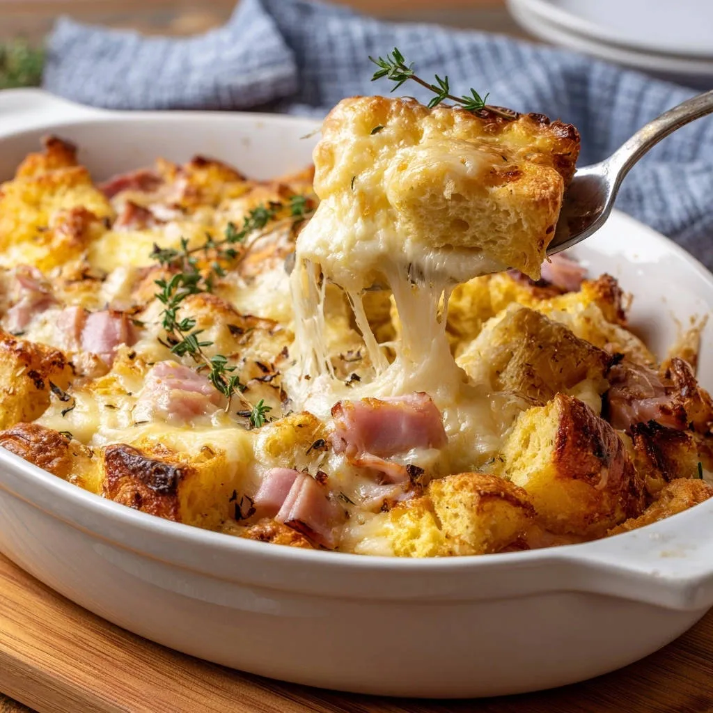 Cheesy ham & bread bake with a spoonful revealing a gooey, melted cheese pull.