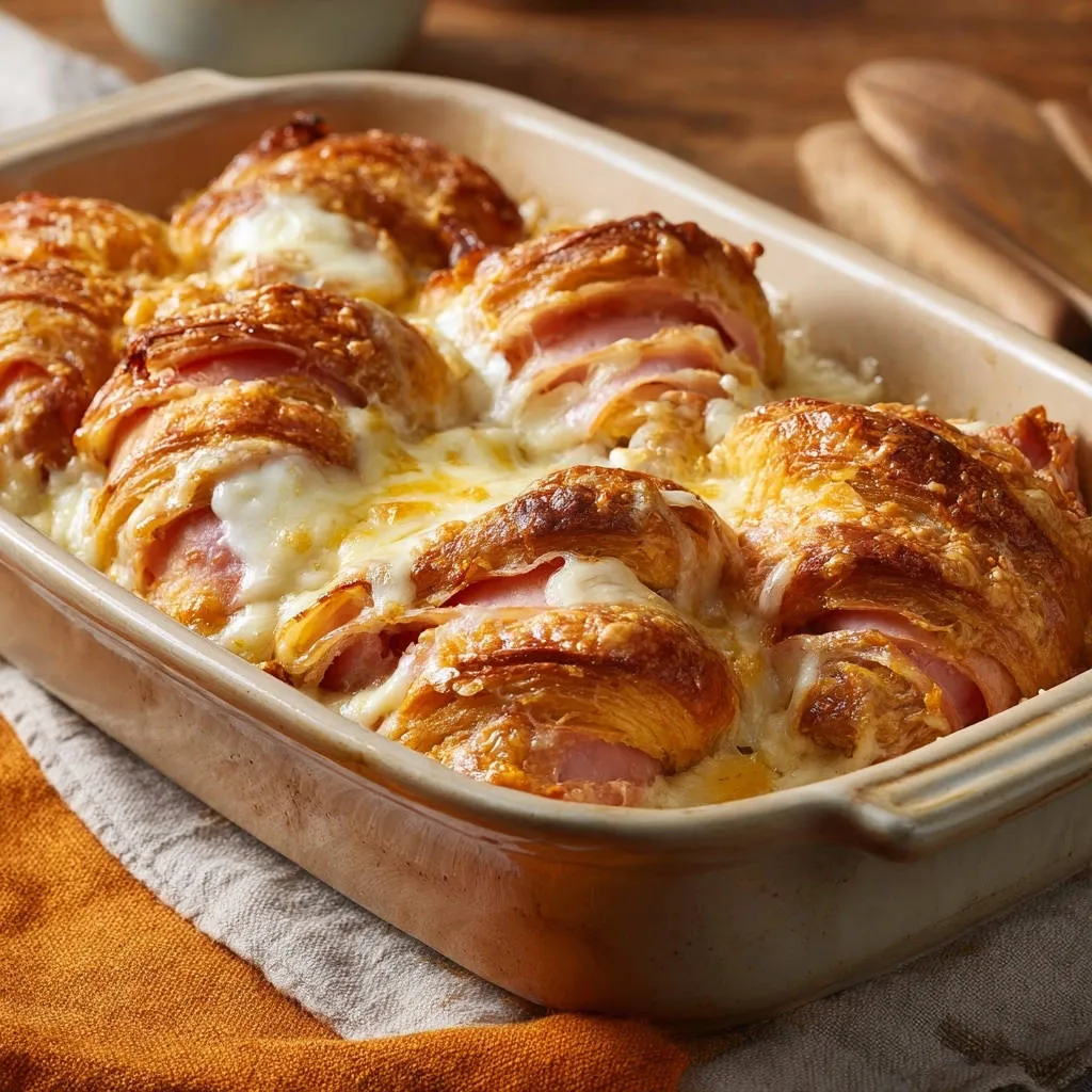 Cheesy ham croissant bake with a golden-brown crust, showing melted cheese bubbling in a baking dish.