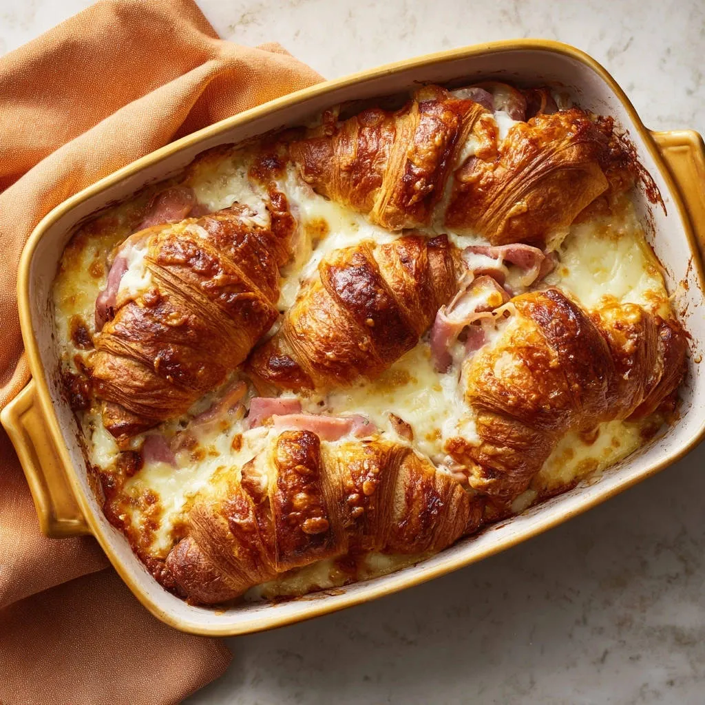 Cheesy ham croissant bake shown overhead in a baking dish, golden brown with melted cheese.