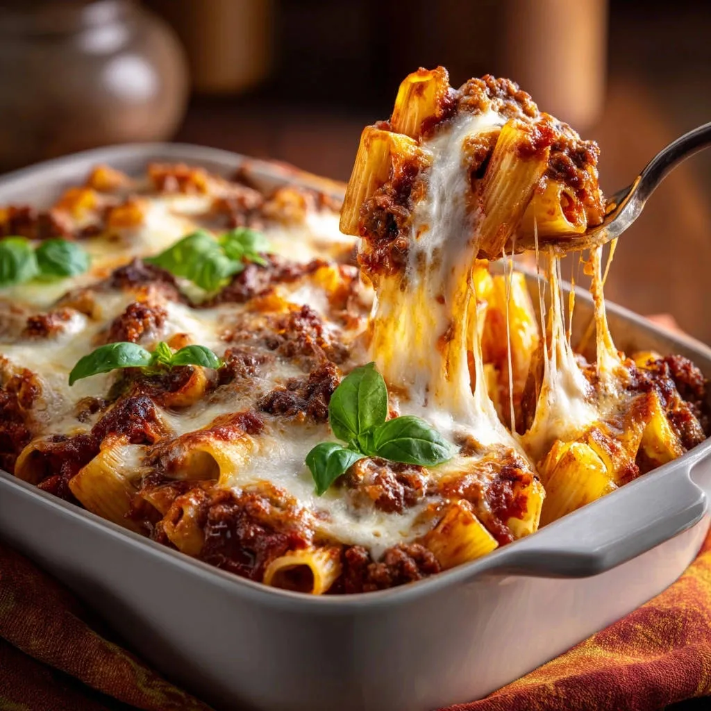 Cheesy meatball baked ziti being lifted with a fork, showing a long, gooey cheese pull from the dish.