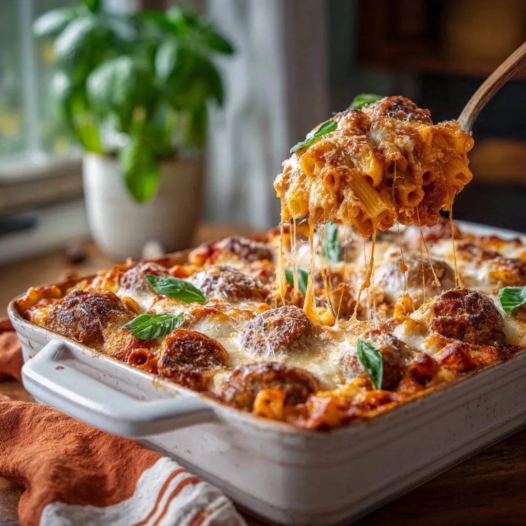 Cheesy meatball baked ziti as a spoonful lifts out, showing a gooey cheese pull and fresh basil garnish.