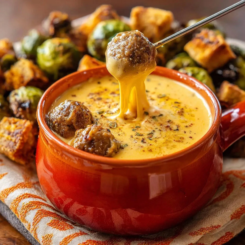 Cheesy meatball fondue featuring a meatball being dipped into the velvety cheese with Brussels sprouts in the background.