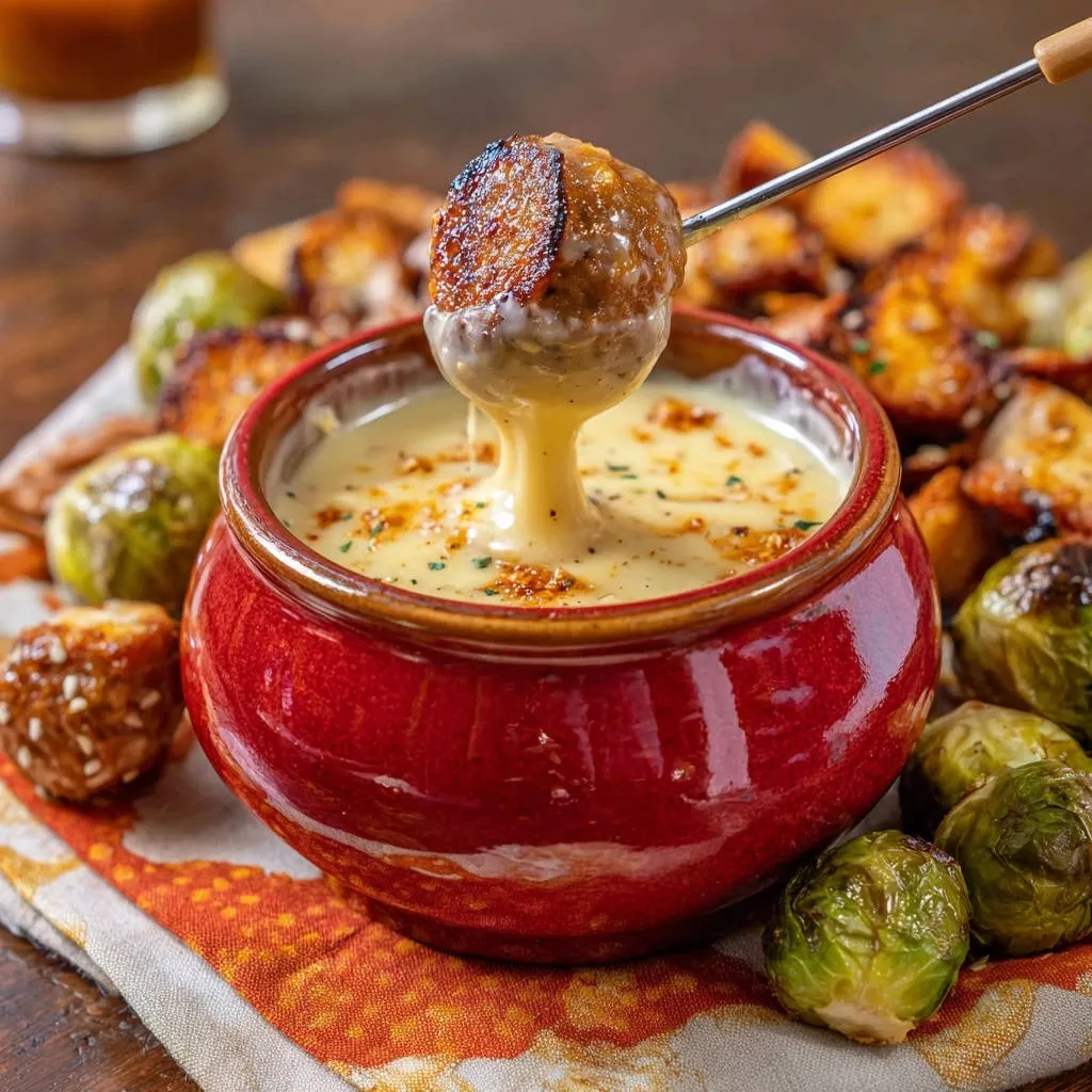Cheesy meatball fondue with a meatball being dipped into the velvety smooth cheese sauce.