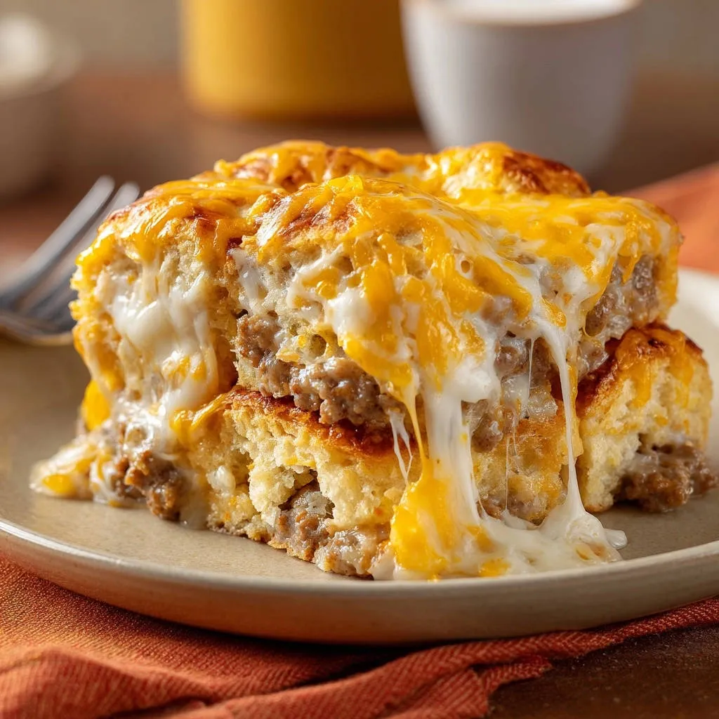Cheesy sausage biscuit bake showing a gooey, melted cheese cross-section with layers of biscuit and sausage.