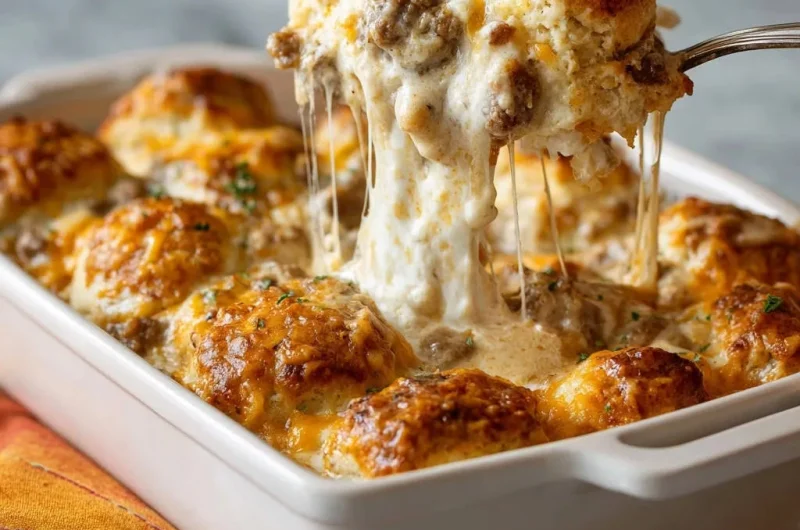 Cheesy Sausage Gravy Biscuit Bake