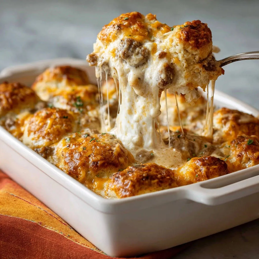 Cheesy sausage gravy biscuit bake with a fork lifting a biscuit, showing a generous cheese pull.