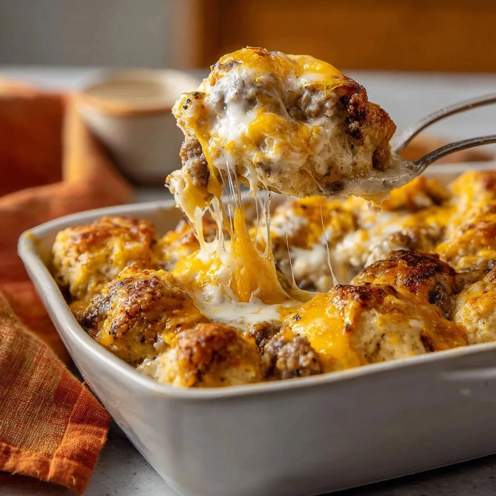 Cheesy sausage gravy biscuit bake with a fork pulling up a gooey, cheesy bite from the baking dish.