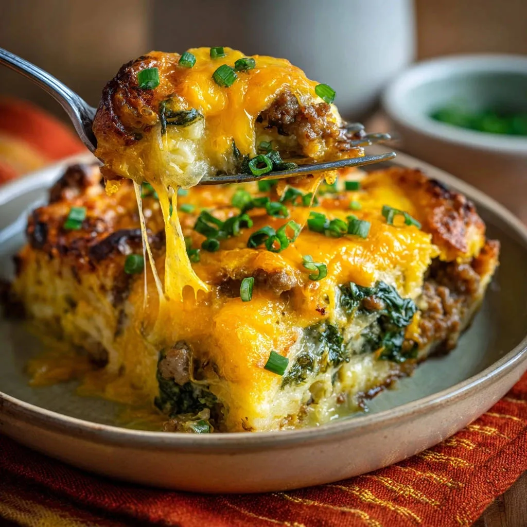 Cheesy sausage and spinach breakfast bake with a fork lifting a slice, showing melted cheese and layers.