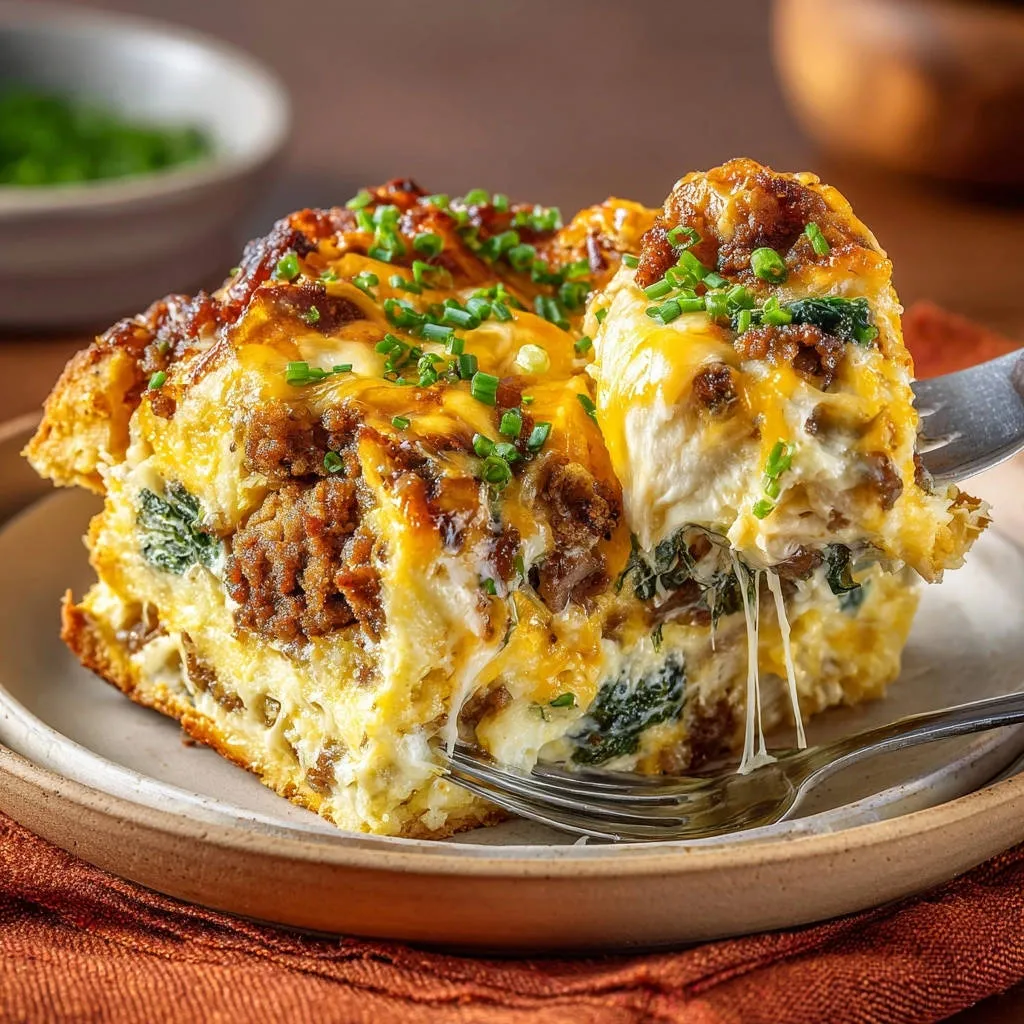 Cheesy sausage & spinach breakfast bake slice being lifted with a fork, showing gooey cheese and fluffy eggs.