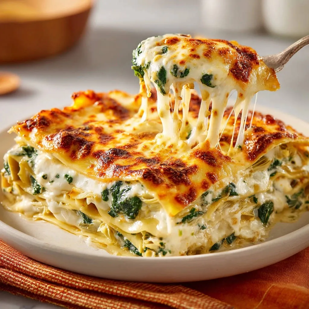 Cheesy spinach artichoke lasagna with a fork lifting a portion, showing gooey melted cheese strings.