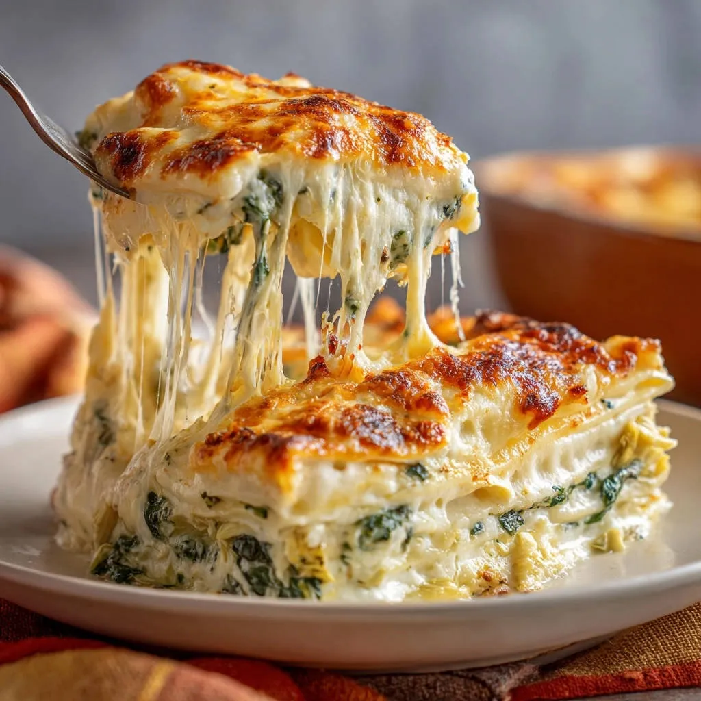 Cheesy spinach artichoke lasagna, with a fork lifting a slice revealing gooey, melted cheese strands.