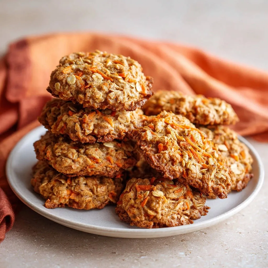 Chewy carrot oatmeal cookies, a stack of moist cookies with visible shredded carrot and oats, arranged on a white plate.
