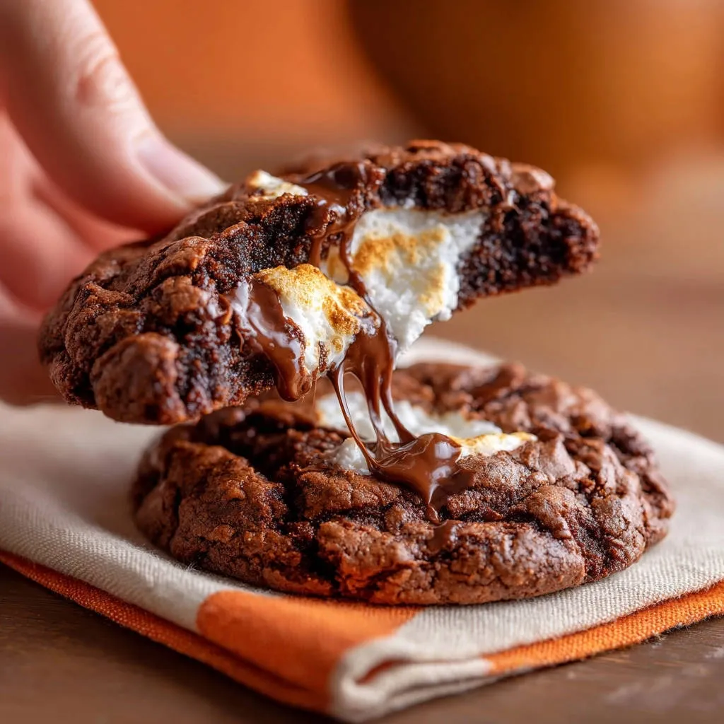 Chewy chocolate marshmallow cookies with a gooey melted marshmallow and chocolate center, split open to show the rich interior.