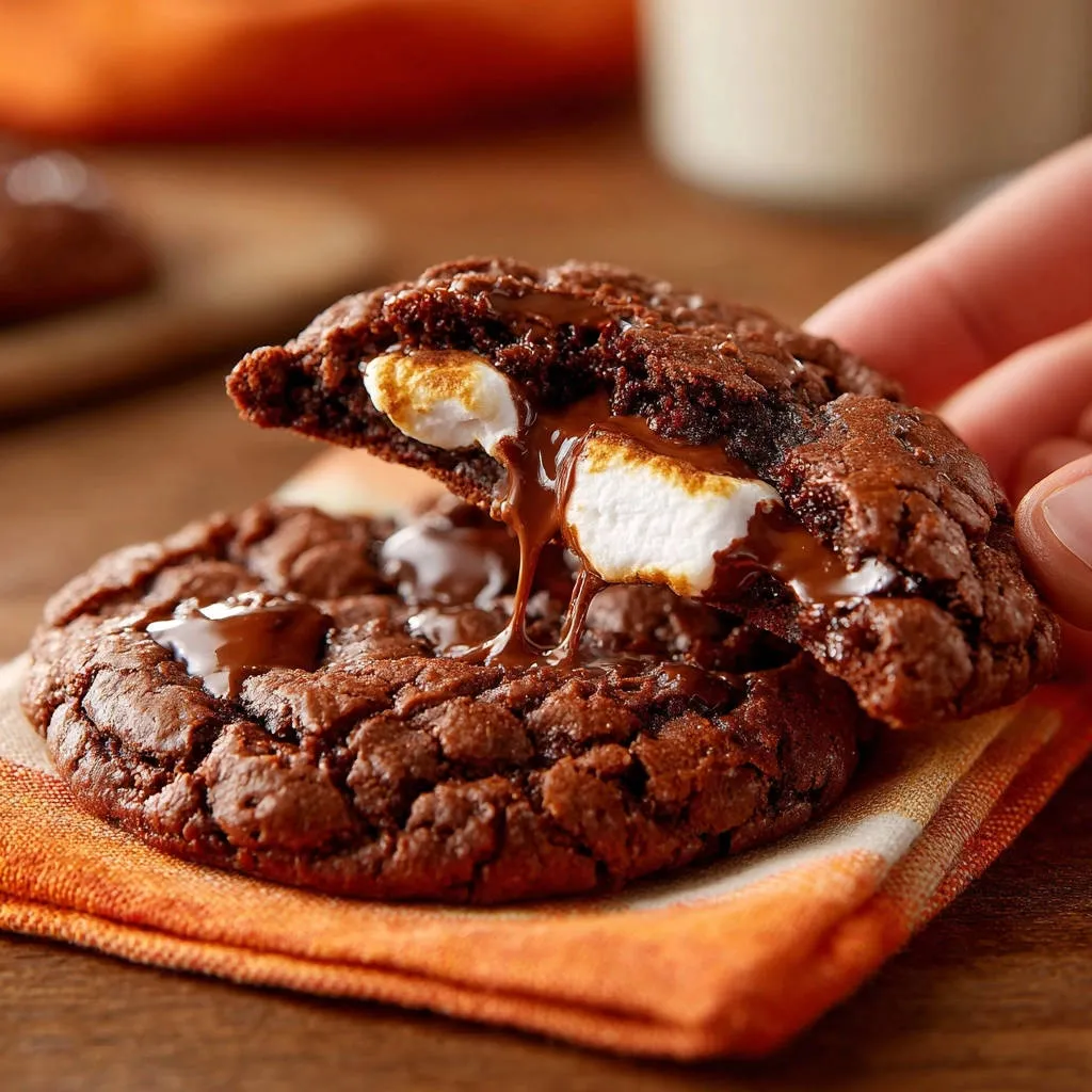 Chewy chocolate marshmallow cookies showing a gooey melted marshmallow and chocolate interior cross-section.