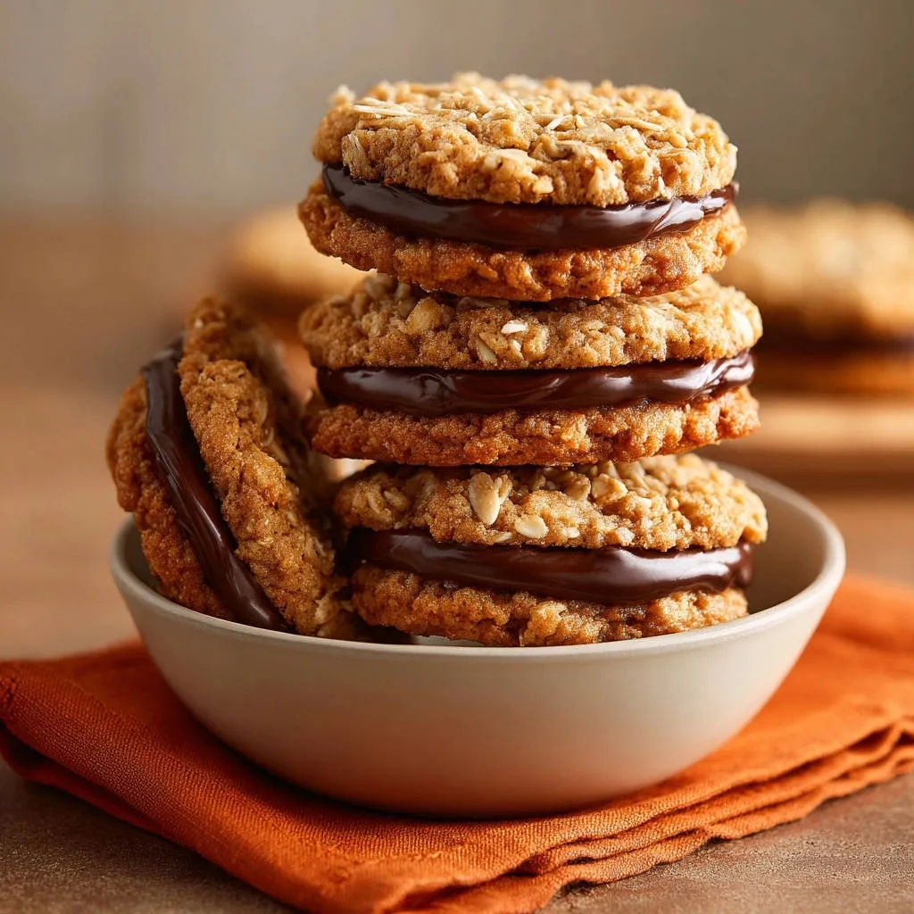 Chewy oatmeal chocolate sandwich cookies stacked high in a bowl, showcasing their rich chocolate filling and textured oat exterior.