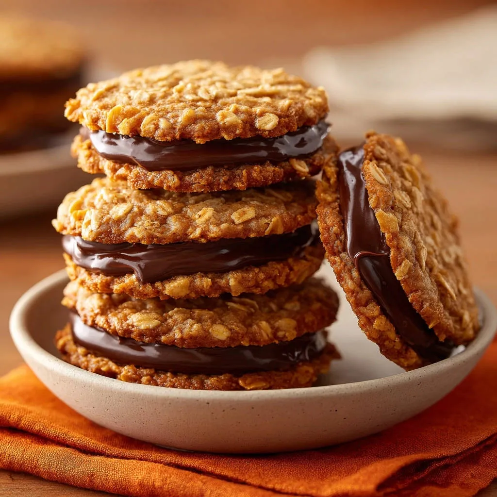 Chewy oatmeal chocolate sandwich cookies stacked in a bowl, showing the rich chocolate filling between the cookies.