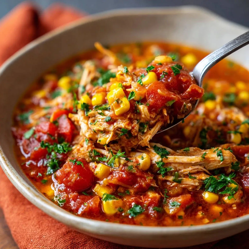Easy Chicken & Corn Chili shown in a close-up spoonful, highlighting tender shredded chicken and corn.