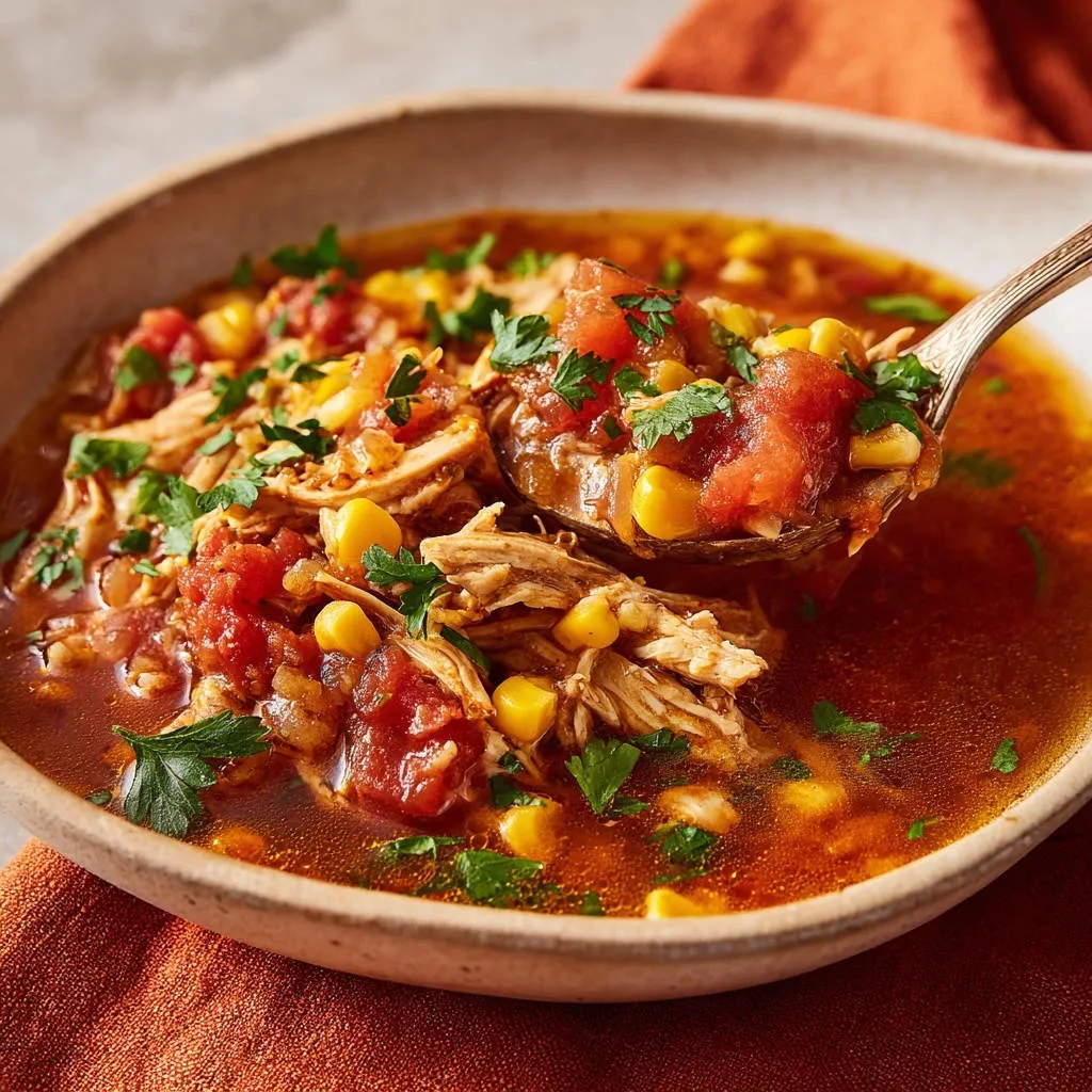 Easy Chicken & Corn Chili shown in a close-up spoonful detail with shredded chicken, corn, and tomatoes.