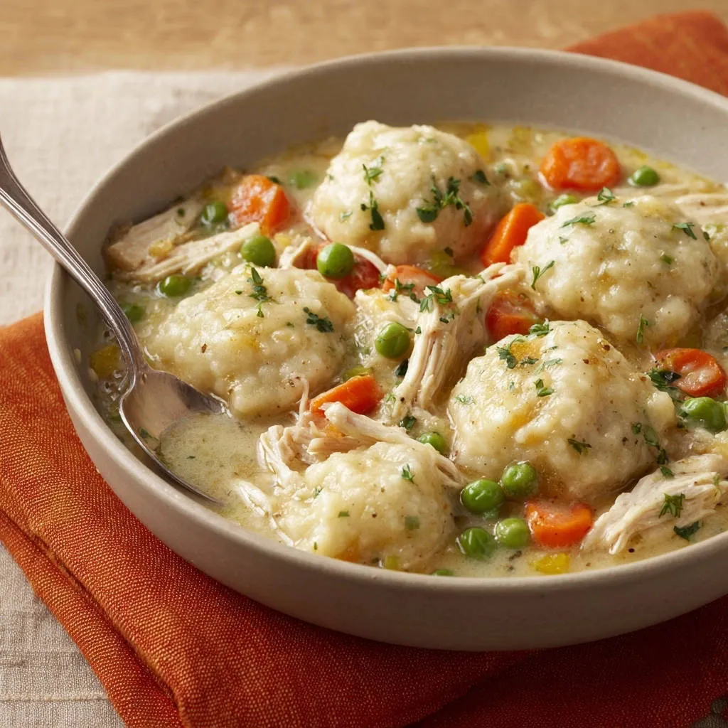 Classic Chicken & Dumplings served in a rustic bowl with fluffy dumplings, tender chicken, and vegetables.