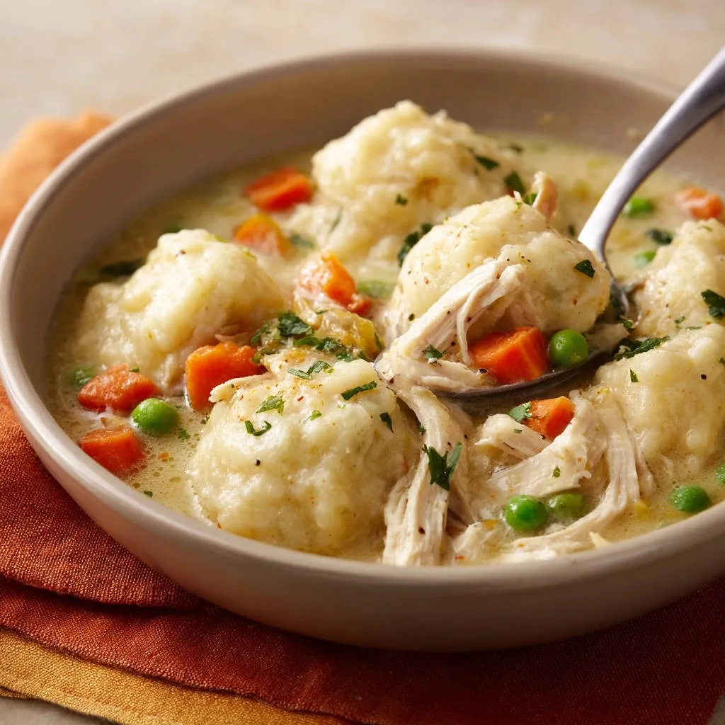 Classic chicken & dumplings shown in a bowl with a spoonful revealing tender chicken and fluffy dumplings.