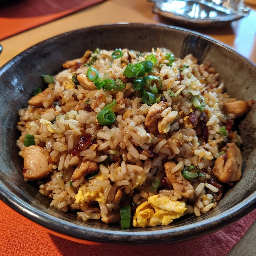 Classic Chicken Fried Rice with a close-up view highlighting the fluffy texture and fresh green onion garnish.