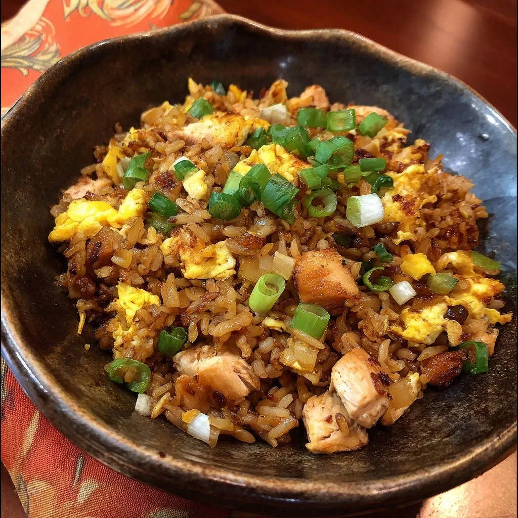 Classic chicken fried rice served in a dark bowl and generously garnished with chopped green onions.