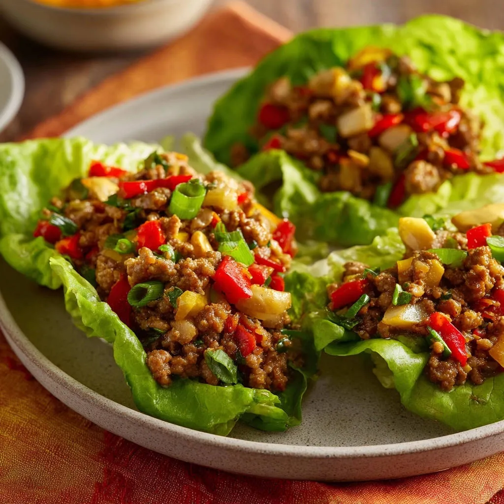 Flavorful chicken lettuce wraps served in crisp green lettuce cups, presented as a plated close-up on a textured napkin.