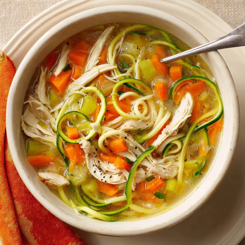 Classic chicken noodle soup with zucchini, showcasing curly noodles and vegetables in a close-up bowl view.