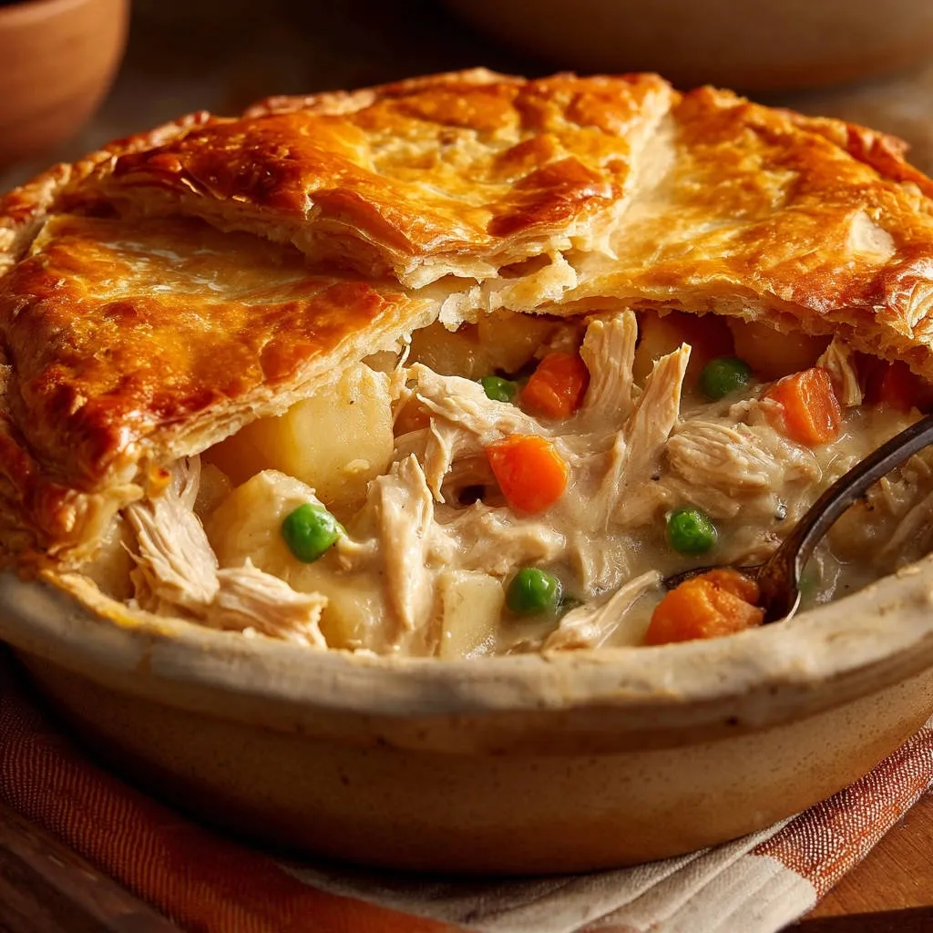 Classic Chicken Pot Pie with a flaky golden crust revealing the creamy chicken and vegetable filling.